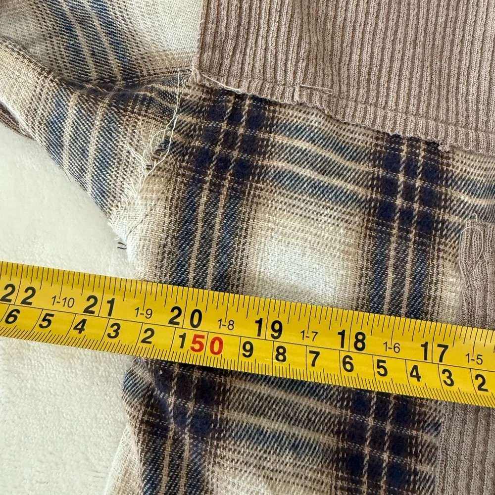 Hem & Thread Brown Cream Plaid Button Shirt Fringed Hem Size Large E68 - Picture 4 of 5